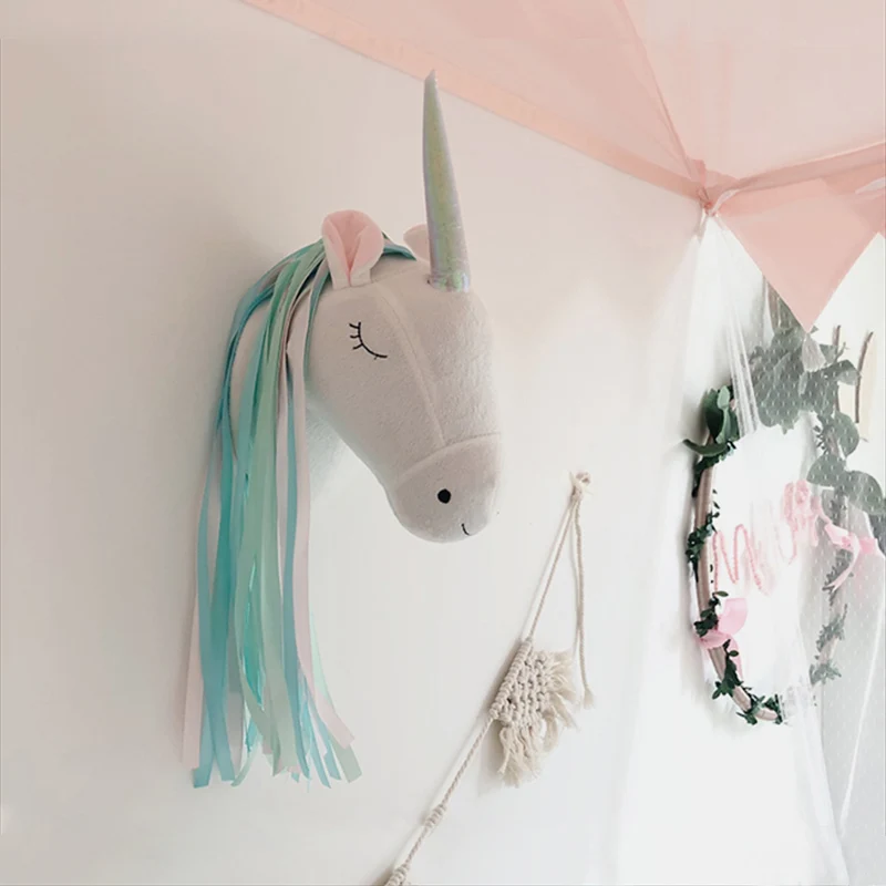 Baby Nursery Girl Room - Tête d'animal en peluche licorne, décoration